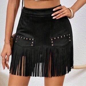 Black Western Fringe Hem Studded Mini Skirt XS S M L
